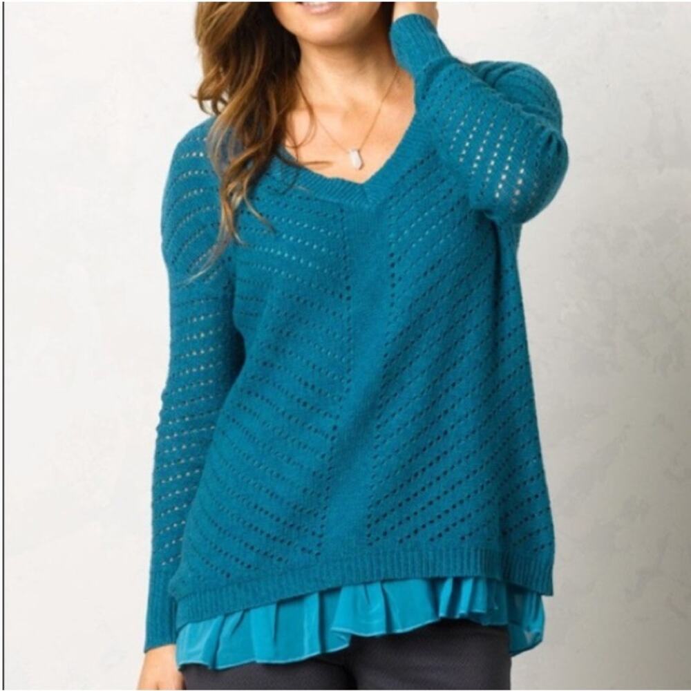 PRANA Ellery Women’s Size S Mosaic Blue V Neck Crocheted Long Sleeve Layered